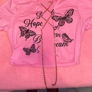 Pink Lace up chain crop top